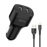 Green Lion Dual Port Car Charger 12W with PVC Lightning Cable â€“ GNCC24IP6BK